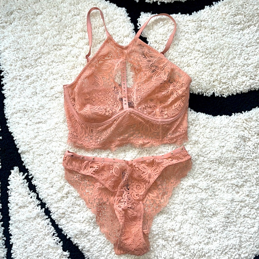 Salmon coloured lace/gold beaded lingerie set Victorias Secret